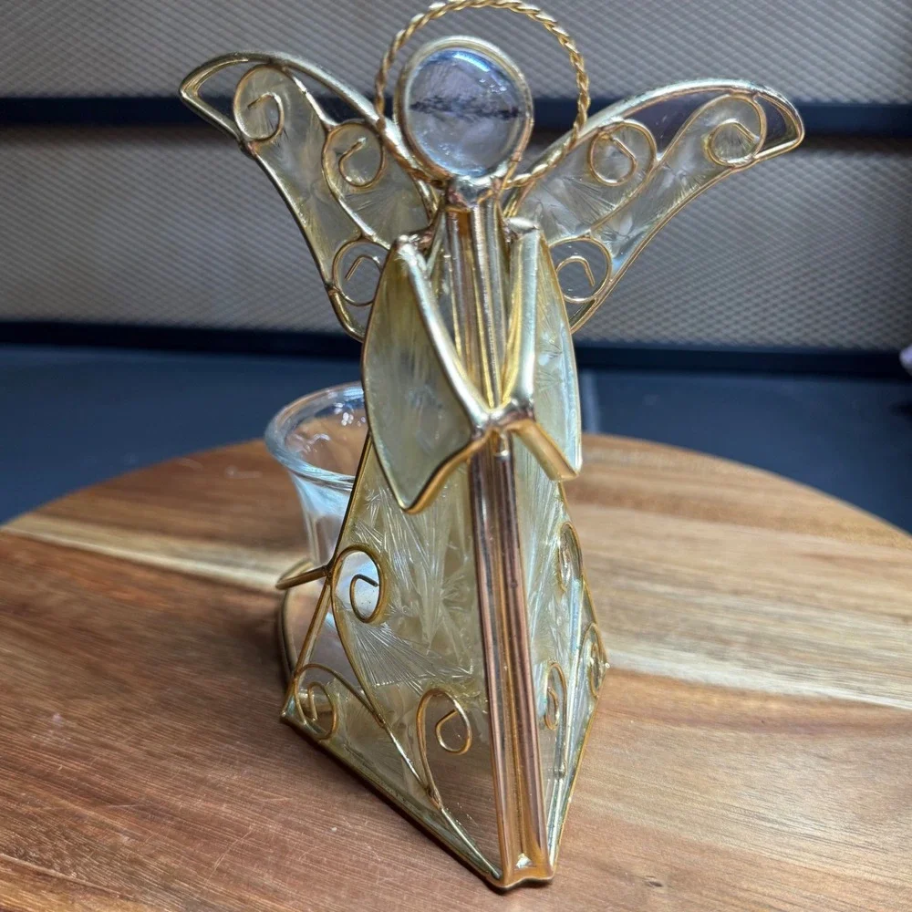 Vintage Gold Tone Wire Angel Votive Candle Holder Iridescent Glass 5.25 Inch